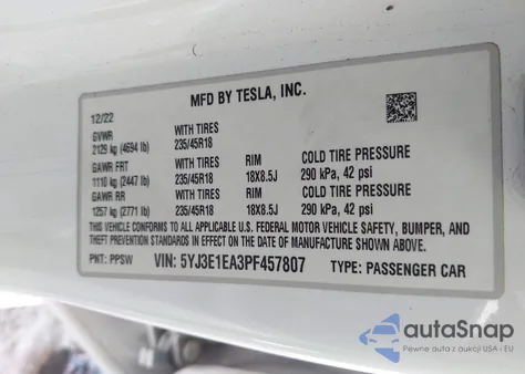 2023 Tesla Model 3 Rear-Wheel Drive из США, поврежденный, VIN 5YJ3E1EA3PF457807